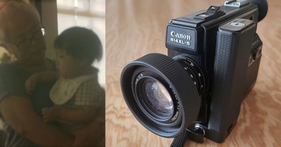 A blurred photo shows an elderly man holding a small child on the left, while on the right is a close-up of a vintage Canon 514XL-S camera placed on a wooden surface.