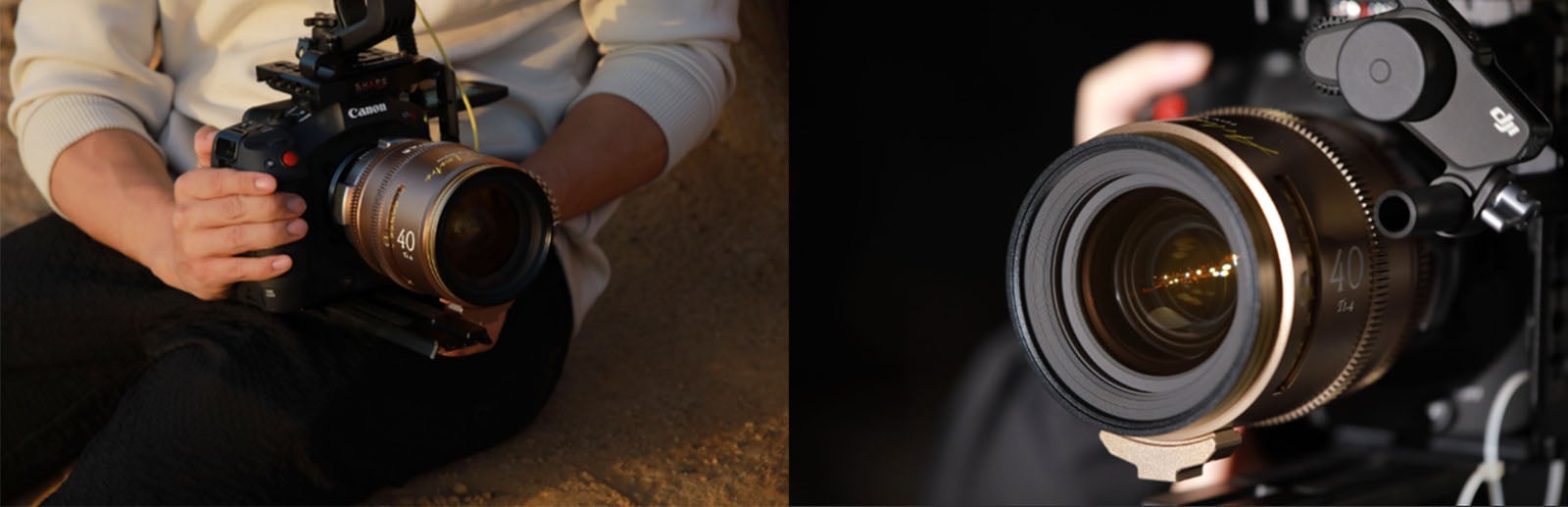 A person holds a professional Canon camera with a large lens on the left, while the right side shows a close-up view of the same camera lens under studio lighting.