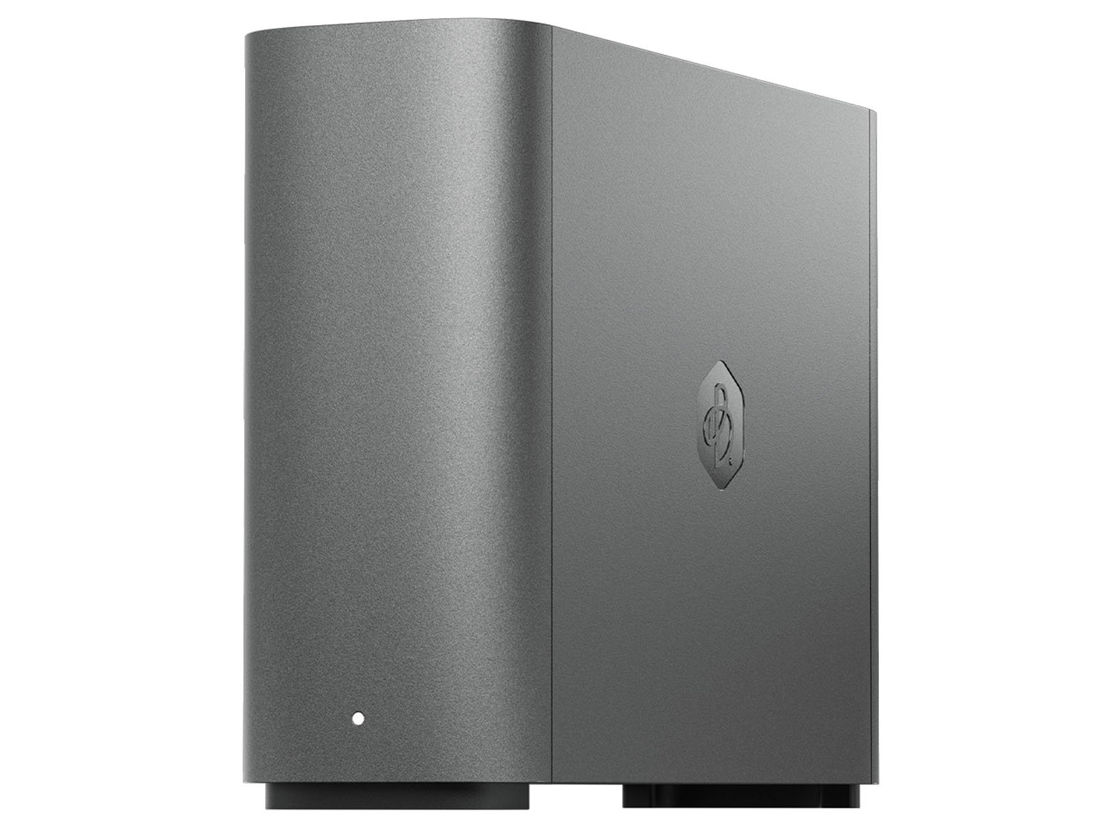 A sleek, dark gray external hard drive with a subtle circular logo on the side and a small white indicator light on the front, standing vertically against a white background.