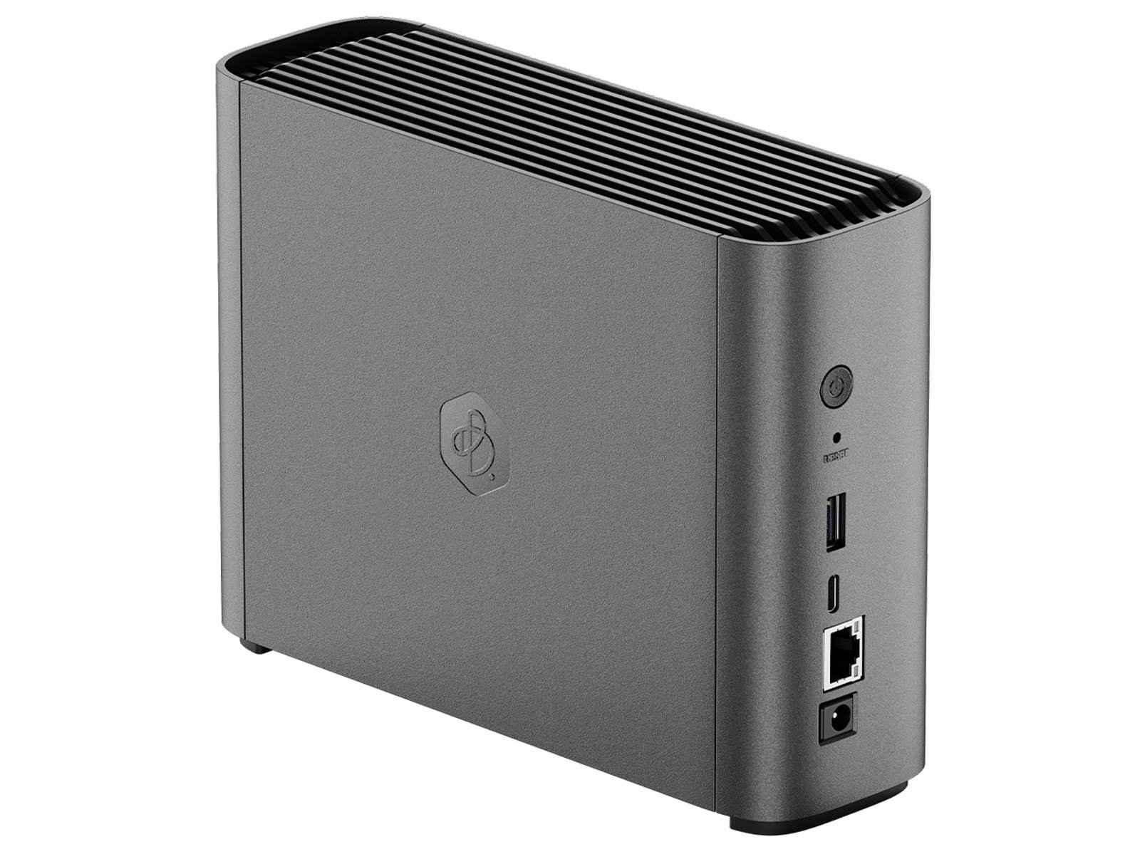 A compact, gray rectangular computer device with a vented top, front-facing power button, reset button, USB ports, HDMI port, Ethernet port, and a branded logo on the side.