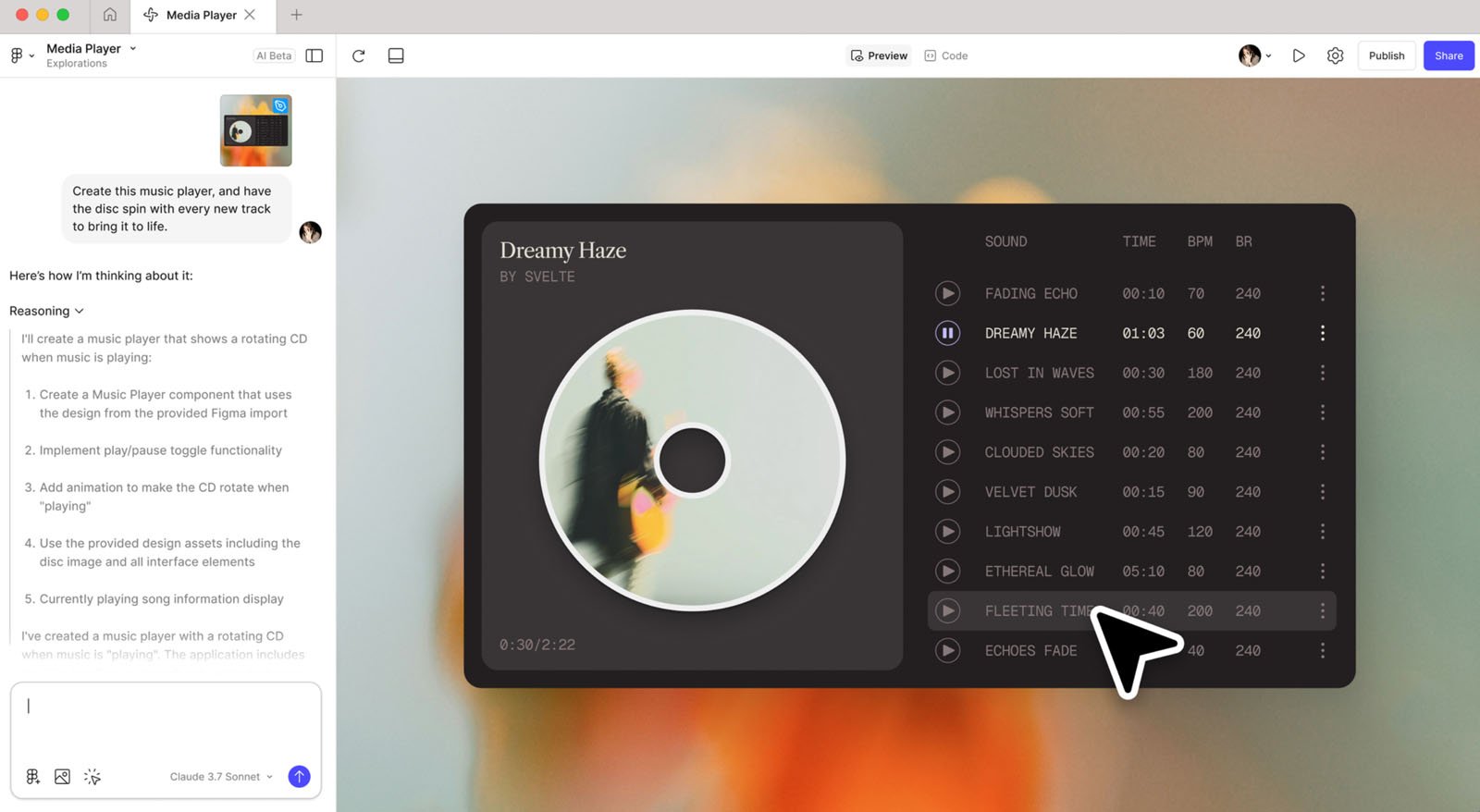 A computer screen displays a media player interface with a blurred album cover, tracklist, and a large arrow cursor selecting the song “Fleetting Glow.” A note and checklist are visible on the left side of the screen.