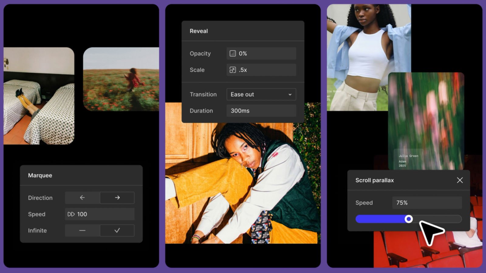 A collage of interface mockups and fashion photos. UI elements display settings for opacity, scale, scroll parallax, and marquee direction, overlaid on images of stylishly dressed people in dynamic poses.