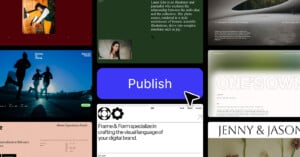 A collage of various stylish website designs is shown, with a large blue button labeled "Publish" in the center, highlighted by a cursor, representing web creation and publishing tools.