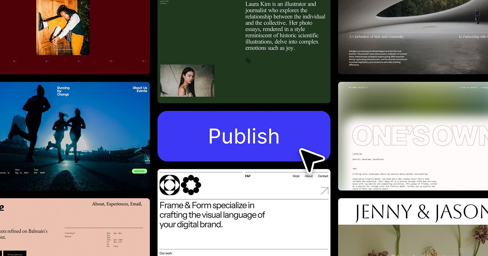 A collage of various stylish website designs is shown, with a large blue button labeled "Publish" in the center, highlighted by a cursor, representing web creation and publishing tools.