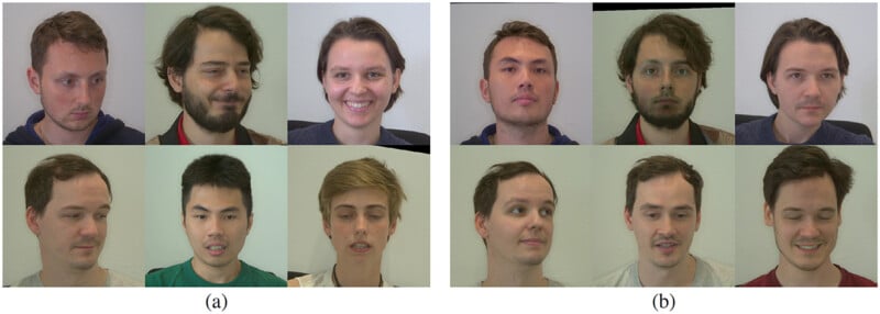A grid of eight headshots, featuring two rows of four individuals each. The people display various facial expressions, with images grouped and labeled as (a) on the left and (b) on the right.