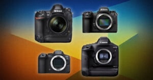 Four professional cameras are displayed against a colorful, abstract background: two Nikon cameras (top left and top right) and two Canon cameras (bottom left and bottom right), viewed from the front.