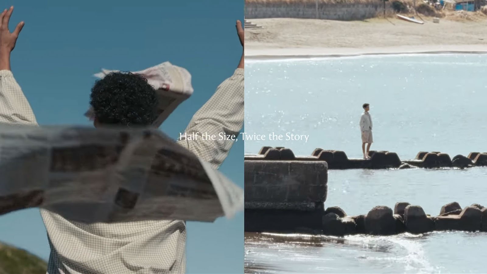A split image: on the left, a person holds up a newspaper with arms raised against a blue sky; on the right, the person stands on stone blocks by the water. Text reads, "Half the Size, Twice the Story.