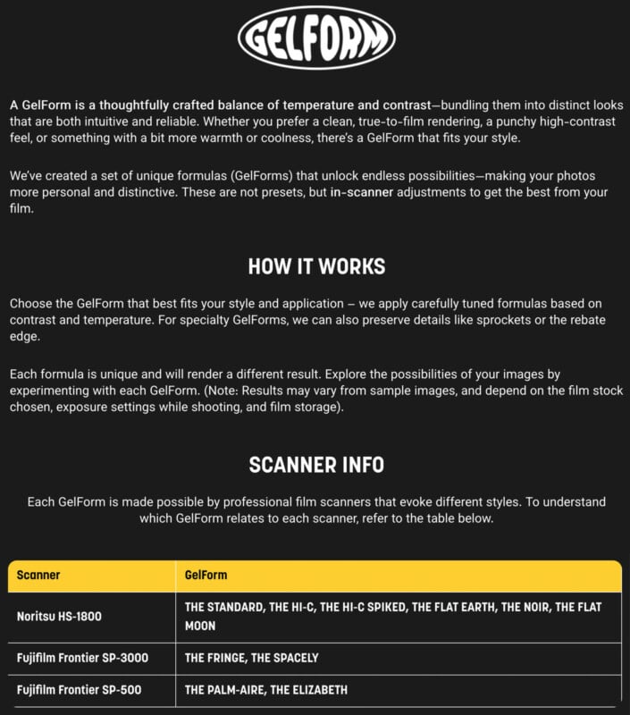 A black-and-yellow GelForm info sheet explains its film simulation and scanning process for analog photography, listing Noritsu HS-1800 and Fujifilm Frontier scanners and sample film formulas in a table at the bottom.
