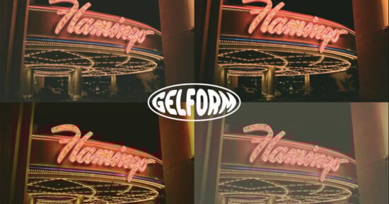 Four images of a neon-lit "Flamingo" sign at night are arranged around a central "GELFORM" logo in bold, stylized letters on a dark background.