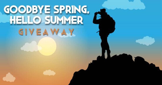 Silhouette of a hiker on a mountain at sunrise with text: "Goodbye Spring, Hello Summer Giveaway." Light clouds and an orange-blue gradient sky in the background.