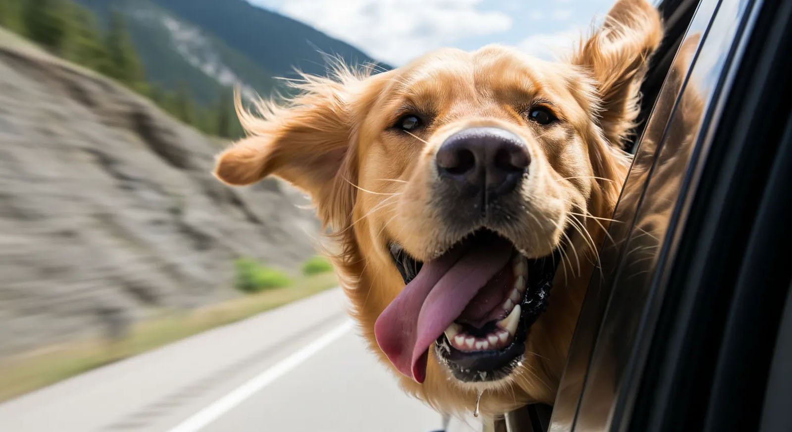 A happy golden retriever with its head out of a car window, ears flapping and tongue out, enjoying a ride on a road with mountains and trees in the background.