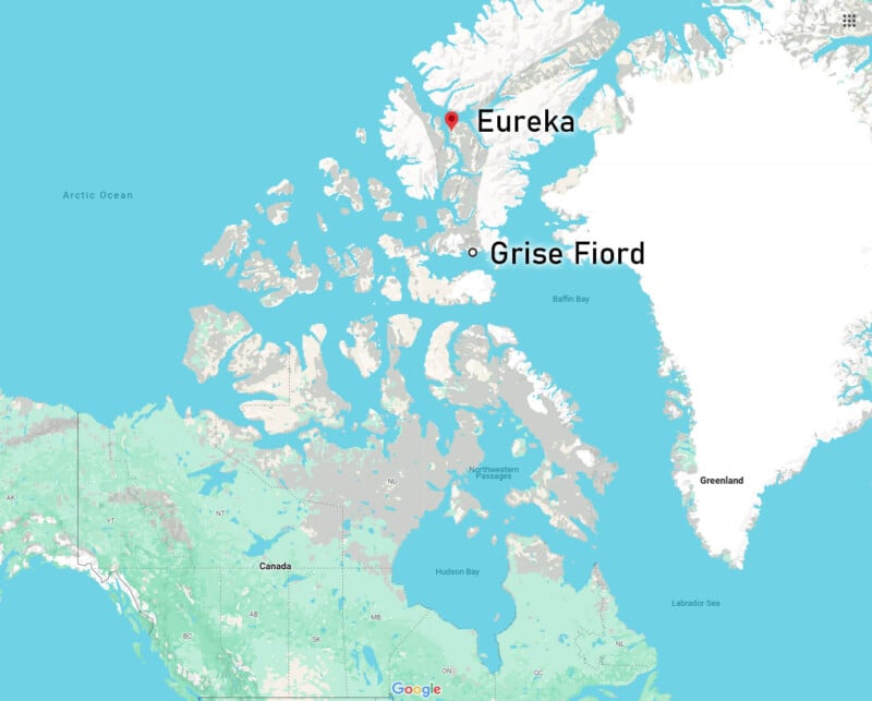 Map of northern Canada showing Eureka and Grise Fiord marked in Nunavut, with surrounding islands, bodies of water, and part of Greenland visible to the east.