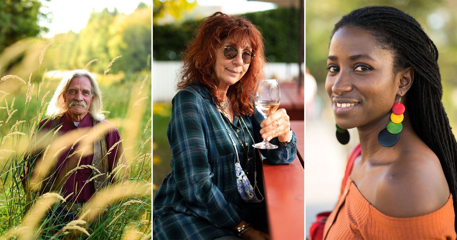 A collage of three portraits: an older man with long gray hair in a field, a woman with red hair holding a wine glass, and a smiling woman with long braids wearing colorful earrings and an orange top.