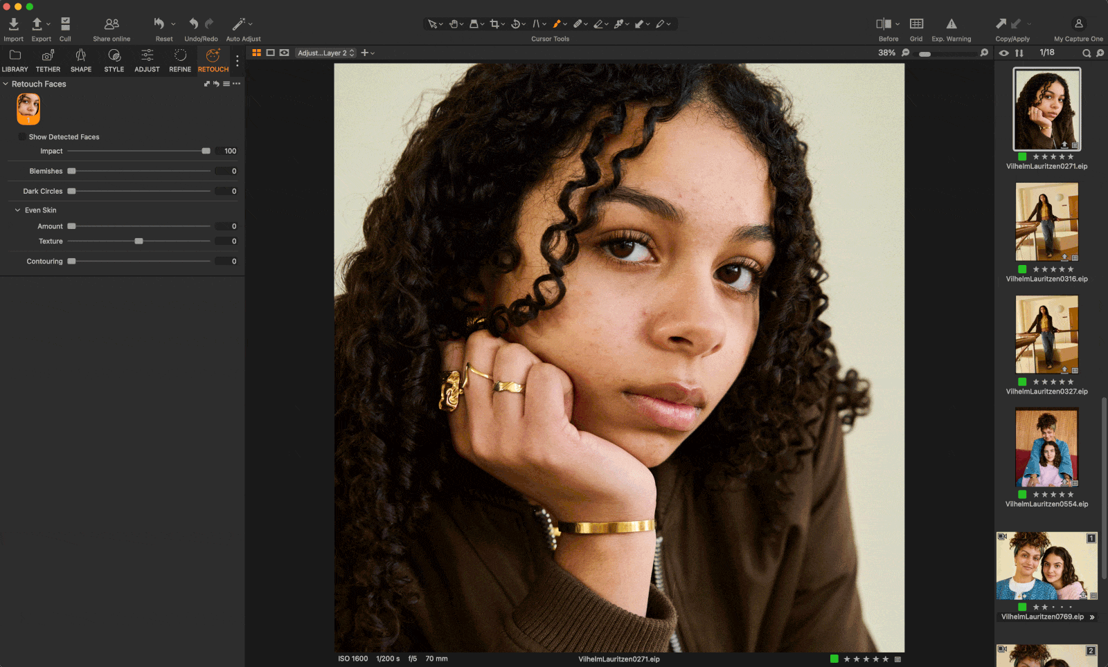 A photo editing software interface displays a close-up portrait of a young woman with curly hair, resting her chin on her hand. Editing tools and thumbnail previews of other portraits are visible on the side.