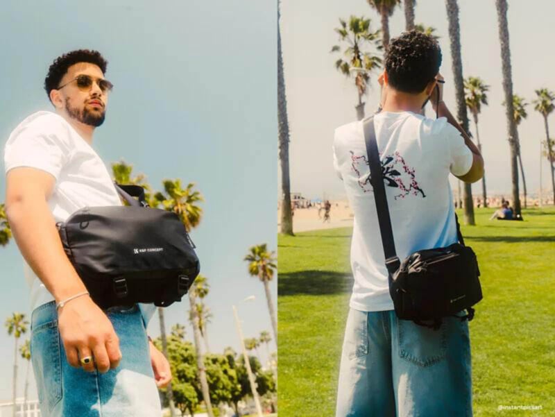 Split image of a man outdoors in a white T-shirt, denim shorts, and sunglasses, posing with a black shoulder bag among palm trees under a sunny sky.