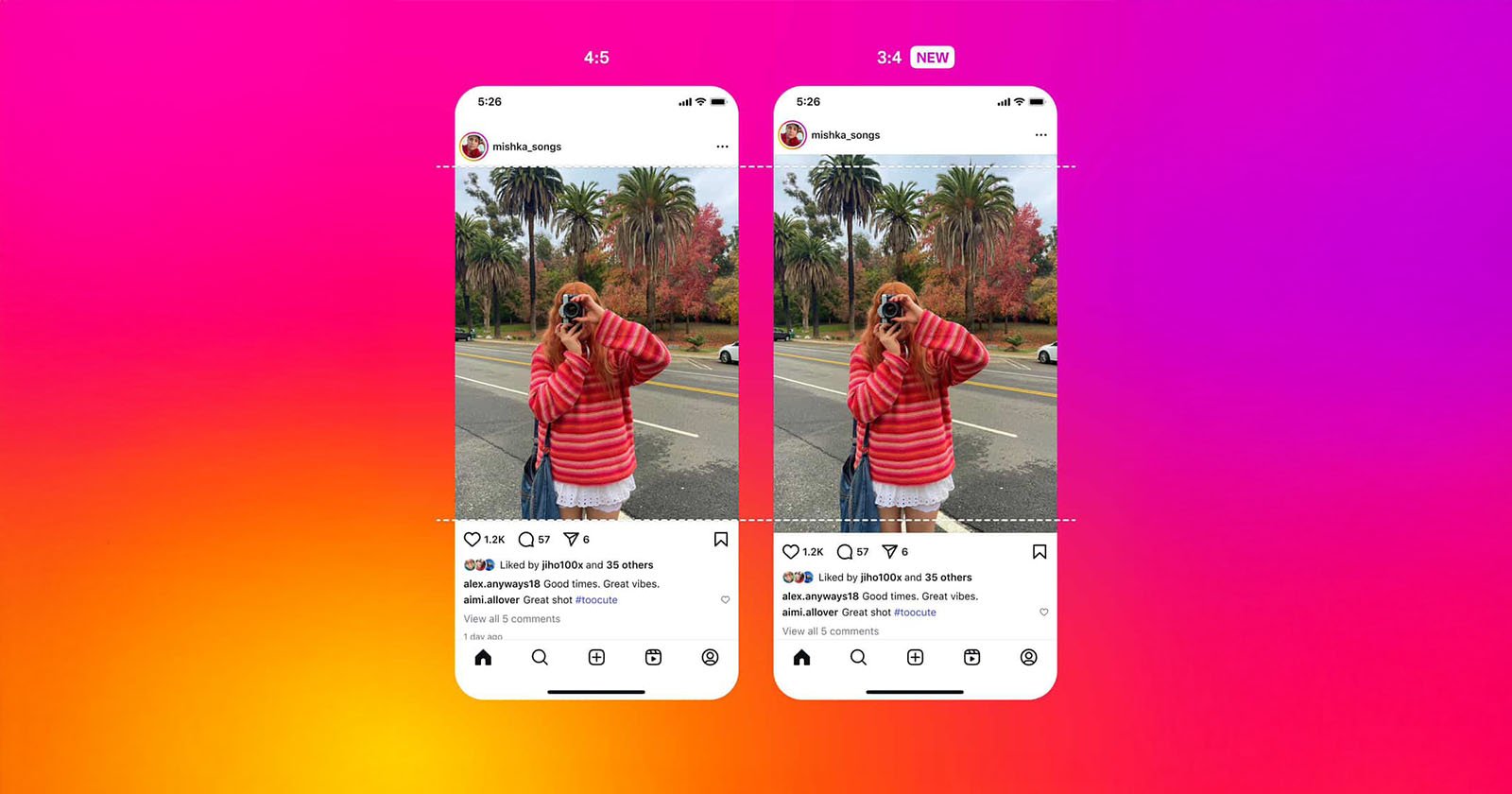 Two Instagram post mockups on a colorful gradient background show a woman in a red and white sweater taking a photo outdoors, comparing 4:5 and 9:16 aspect ratios for displaying vertical images.