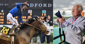 Split image: Left shows a jockey celebrating on a racehorse after crossing the finish line. Right shows an older man holding a camera, standing by a window overlooking a racetrack on a cloudy day.