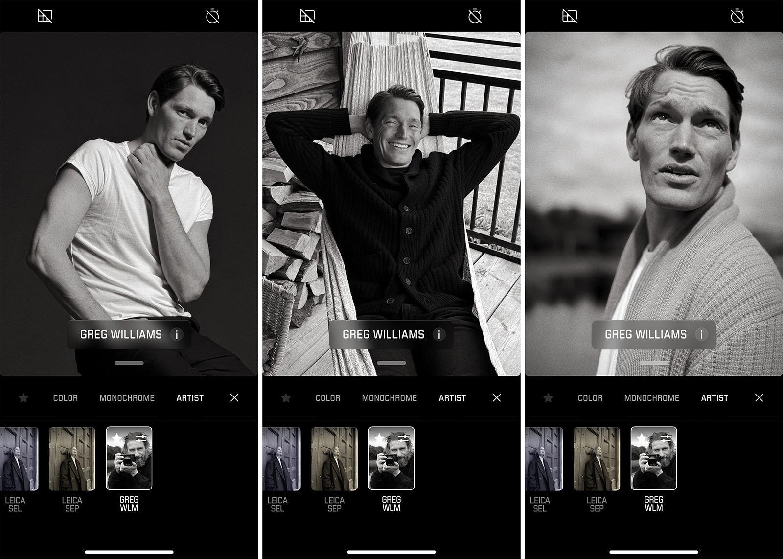 Three black-and-white portraits of a man posing in different settings, displayed side by side on a photo editing app screen with “Greg Williams” selected as the filter and editing options visible at the bottom.