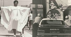 Split photo: On the left, a person wearing a flowing white dress poses with arms outstretched on a street. On the right, two police officers take cover behind a sheriff’s car outside a nightclub.