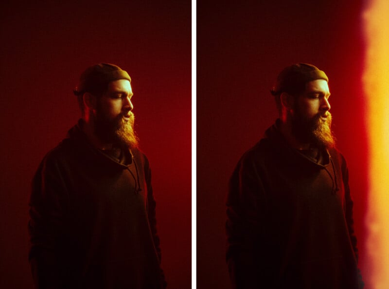 A bearded man in a dark hoodie and cap stands in moody red lighting. The image is split vertically; the right side has a bright, yellow-orange light leak effect partially obscuring the man.
