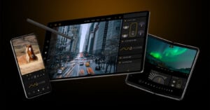 Three mobile devices display photo editing apps: a smartphone with a horse photo, a tablet with a city street image and editing controls, and a foldable phone showing a landscape with aurora borealis and editing tools.