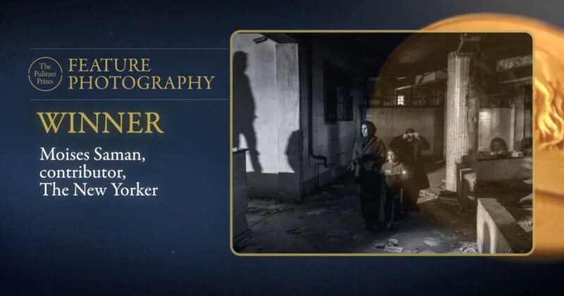 A Pulitzer Prize Feature Photography winner graphic announces Moises Saman, contributor to The New Yorker. The image shows people walking through a dark, damaged building lit by shadows and light.