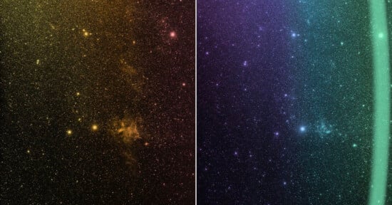 Side-by-side images of a star-filled night sky: the left half glows yellow-orange with clustered bright stars, while the right half is tinted blue-green with fewer stars and a faint curved light band on the right edge.