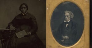 A split image showing a Black woman in a dark dress holding a book on the left, and an older white man in formal attire in an oval frame on the right, both in sepia tones.