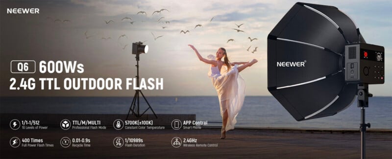 Outdoor photo shoot scene with a dancer and photographer at sunset. Large Neewer-branded studio flash and softbox are in the foreground. Promotional text describes the Q6 600Ws 2.4G TTL Outdoor Flash features.