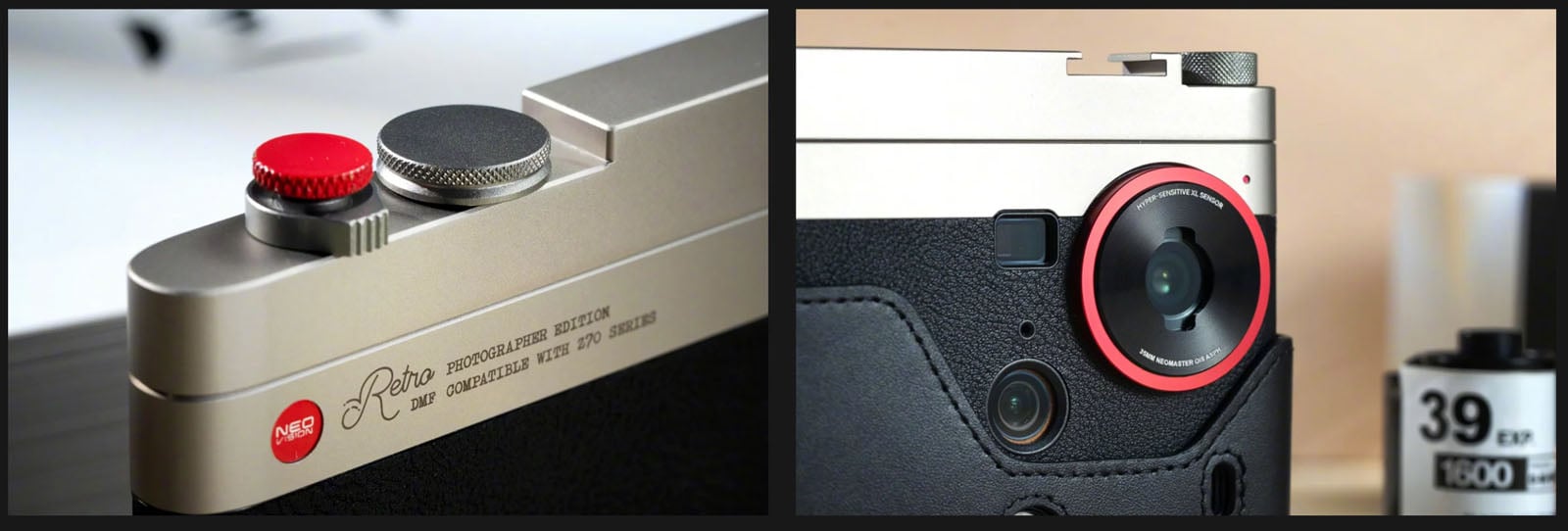 Close-up shots of a retro-style camera with silver and black casing, featuring red accent details on the shutter button and lens, and a partially visible film canister in the background.