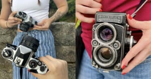 Two photos side by side: on the left, a person in a white shirt holds a vintage SLR camera; on the right, a person in a red shirt holds a classic Rolleiflex twin-lens reflex camera.
