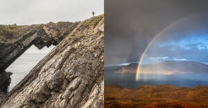 Left: A person stands atop a slanted rocky cliff with a triangular gap, overlooking the sea. Right: A bright rainbow arcs over a rugged landscape with hills and a lake under a dramatic sky.