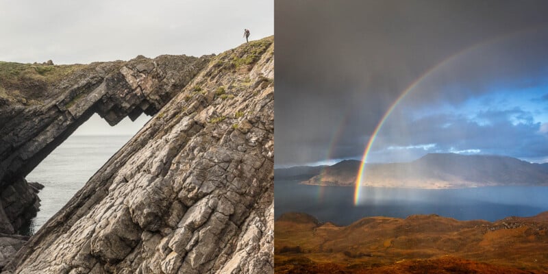 Left: A person stands atop a slanted rocky cliff with a triangular gap, overlooking the sea. Right: A bright rainbow arcs over a rugged landscape with hills and a lake under a dramatic sky.