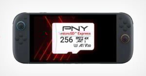A handheld gaming console displays an image of a PNY 256GB microSD Express memory card on its screen, with red diagonal lines in the background.