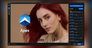 A digital photo editing interface displays a portrait of a woman with red hair and gold earrings. Editing sliders are visible on the right, and the word "Apex" with a blue geometric logo appears on the left.