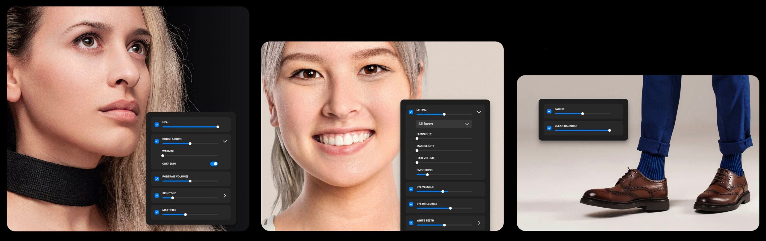 A collage of three images: a woman's face in profile, a smiling person, and a close-up of someone’s legs in blue pants and brown shoes. Interface sliders are overlaid on each image, suggesting editing or customization.