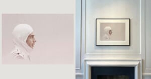 A minimalistic portrait of a person in a white racing balaclava is displayed. On the right, the same portrait is framed and hung on a light gray wall above a mantelpiece.