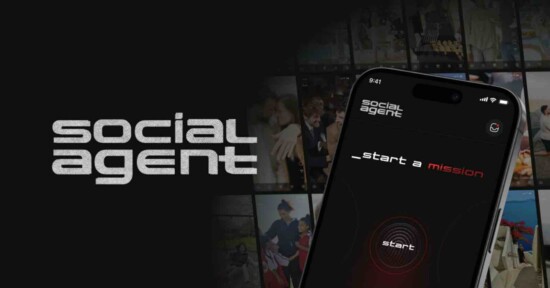 Social Agent app logo and name on a dark background, with a smartphone displaying the app’s start screen, featuring the text 'start a mission' and a large start button.