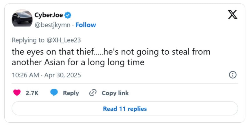 A tweet from user CyberJoe (@bestjkmn) says: "the eyes on that thief.....he's not going to steal from another Asian for a long long time." The tweet has 2.7K likes and 11 replies.