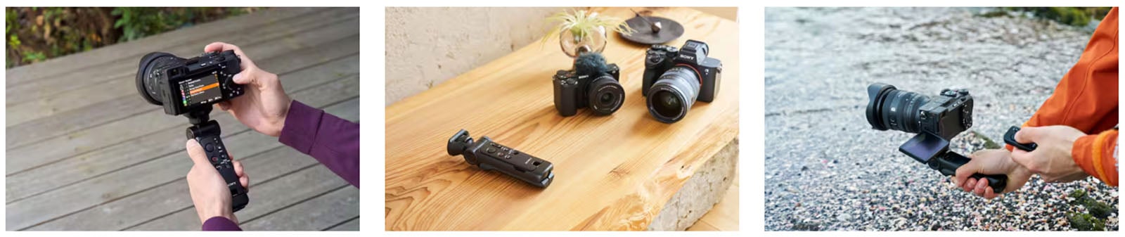 Three images: a person filming with a camera on a handheld grip, two cameras and a grip placed on a wooden surface, and a person using a camera with a grip-mounted smartphone outdoors.
