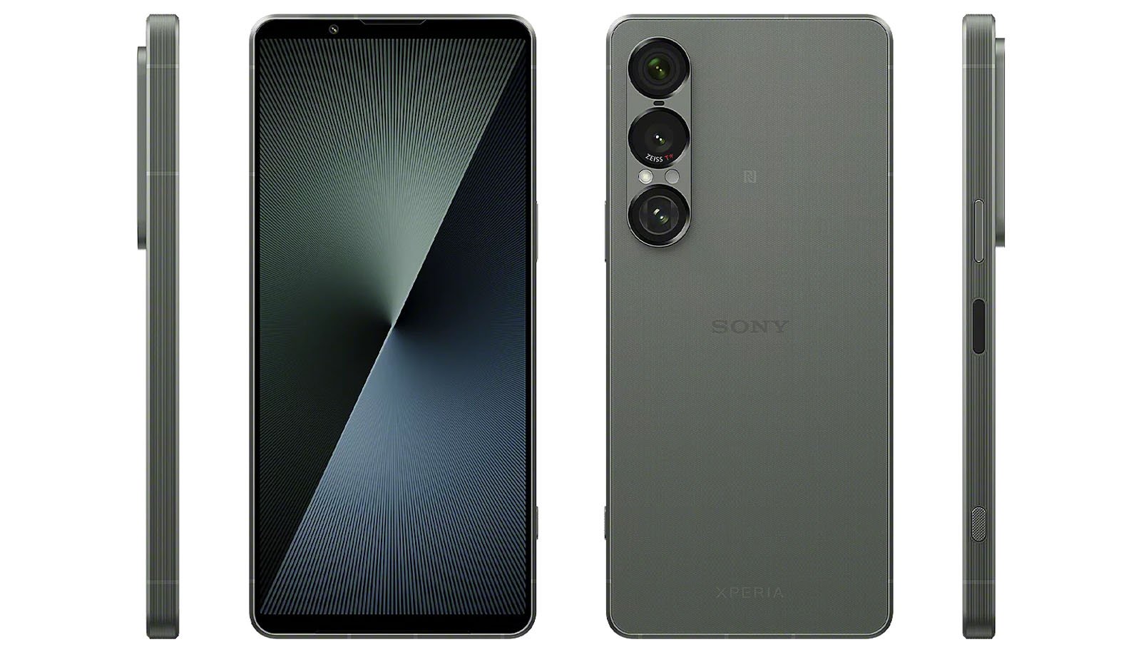 Front, back, and side views of a Sony Xperia smartphone, showing its large display, triple rear cameras, and sleek, metallic design with buttons on the side.