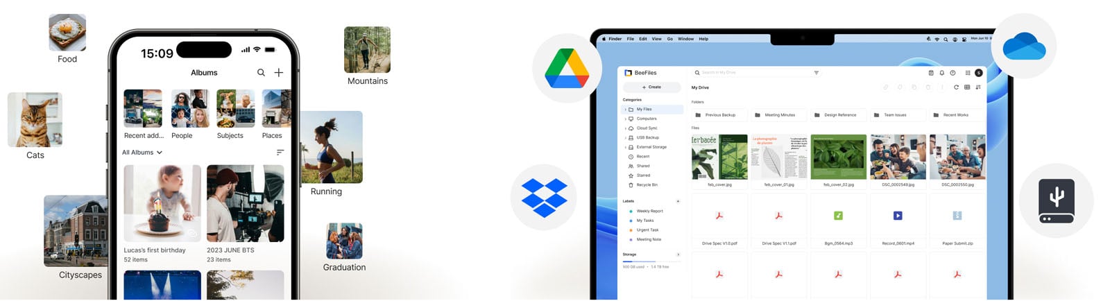 A smartphone shows photo albums like Cats, Food, and Mountains; next to it, a laptop displays cloud file storage. Cloud service icons (Google Drive, Dropbox, OneDrive) and a USB icon appear around both devices.