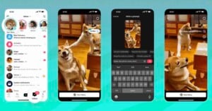 Four smartphone screens show a social media app: the first displays an inbox, the next three show meme-style dog photos with text, prompt editing, and sharing options.