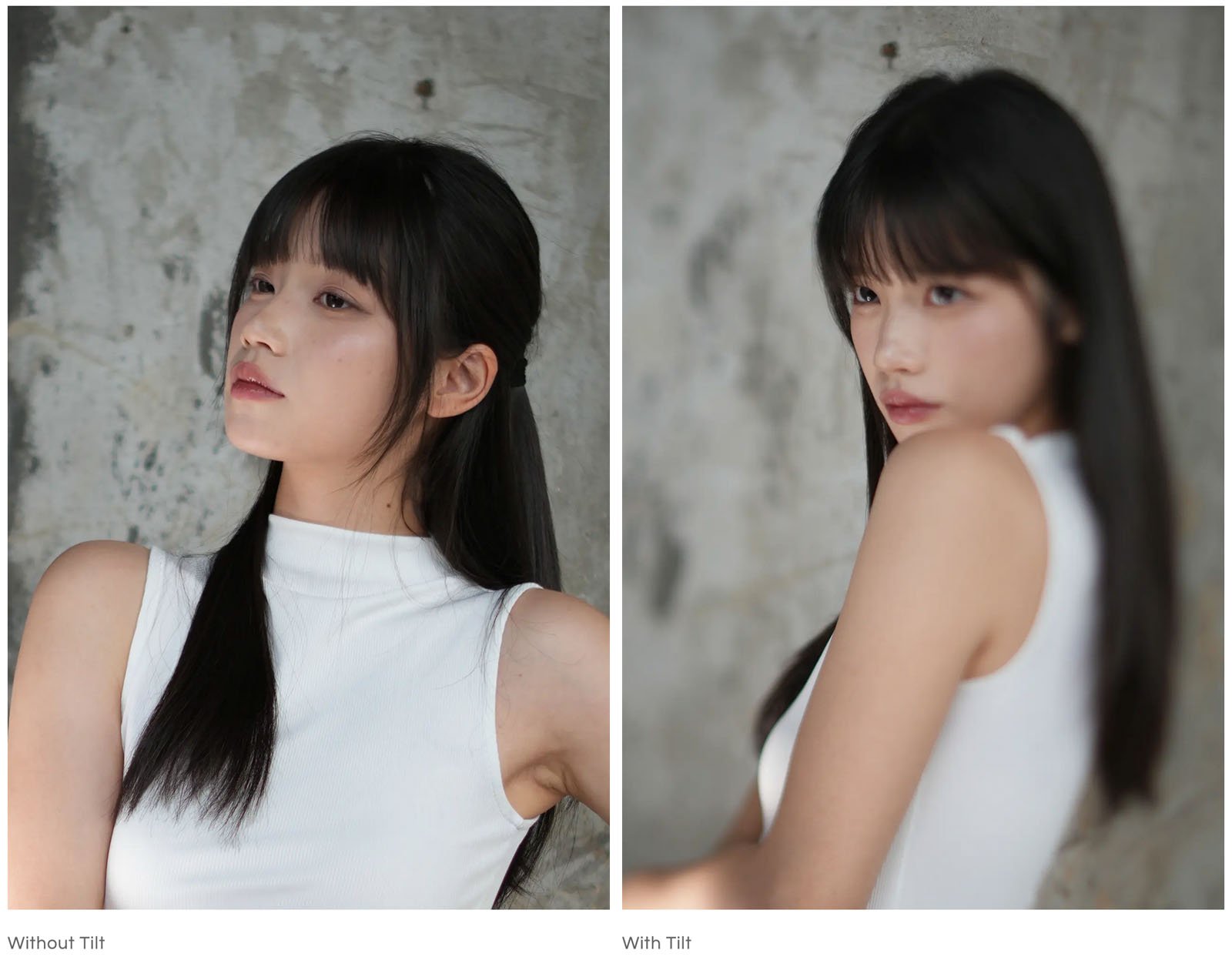 Side-by-side portraits of a woman with long black hair wearing a sleeveless white top. The left image shows her facing forward without head tilt; the right image shows her with her head tilted slightly to the side.