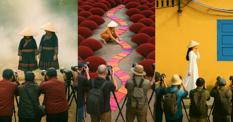 Three scenes show groups of photographers taking pictures of people in traditional Vietnamese outfits: two women in fog, a person arranging colorful mats, and a woman in white by a yellow wall and blue window.