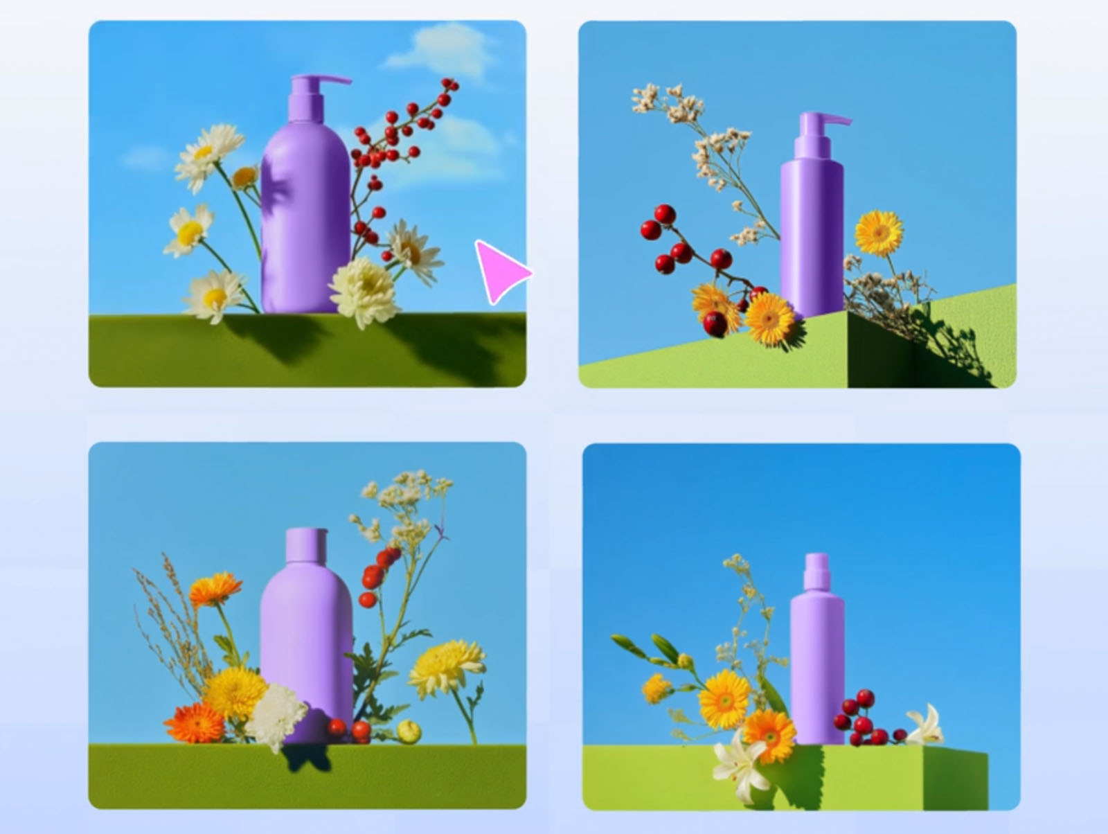 A purple pump bottle is displayed outdoors on green surfaces, surrounded by various yellow, white, and red flowers, with a clear blue sky in the background. Four different arrangements are shown.
