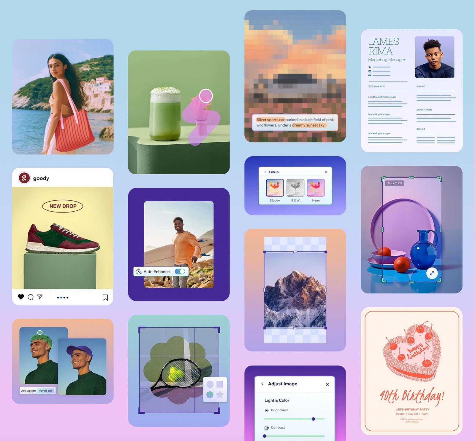 A collage of colorful images, including people, food, products, digital interfaces, a tennis racket, mountains, a birthday cake, and various UI elements, all set against a soft gradient background.