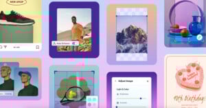 A collage of colorful images featuring shoes, a man outdoors, a mountain, vases with fruit, two people in hats, a tennis racket, and a birthday card, along with image editing interface elements.
