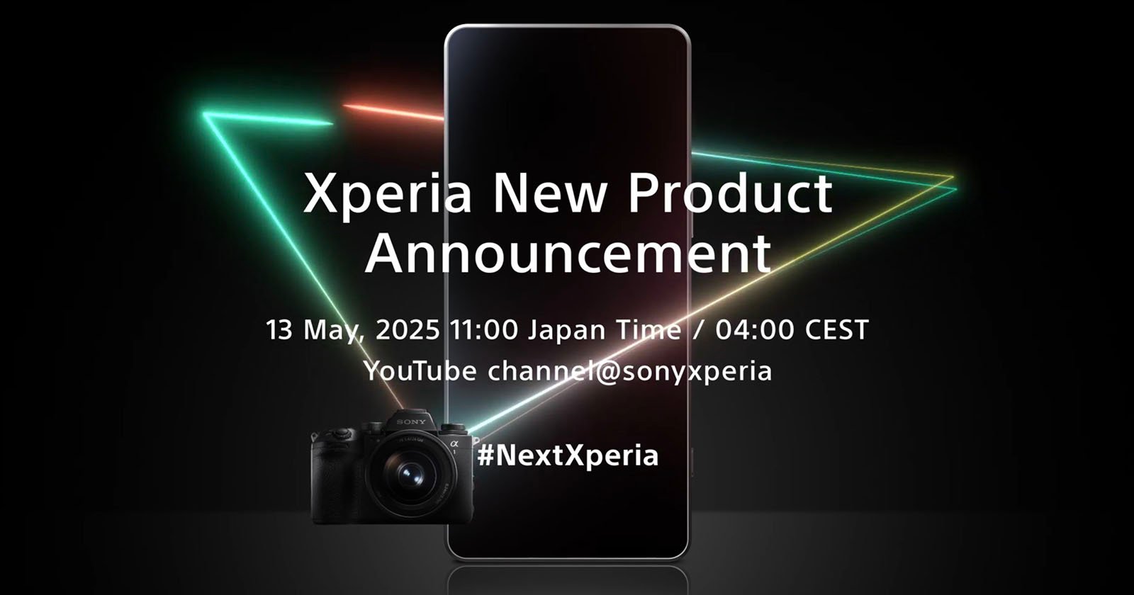 A glowing outline of a smartphone with colorful neon lines behind it, a camera in the foreground, and text announcing the Xperia New Product Announcement on 13 May, 2025, with event details and hashtag #NextXperia.