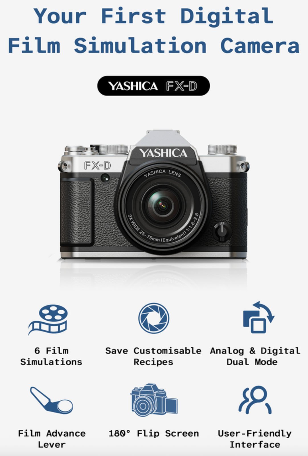 Promotional image for the Yashica FX-D digital film simulation camera, showing the camera and listing features: 6 film simulations, customizable recipes, analog/digital modes, film advance lever, 180° flip screen, and user-friendly interface.